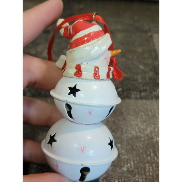 Metal Bell snowman Stars red striped ornament Xmas decor - Picture 3 of 5